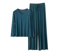 Lounge Sets for Womens Pajama Set Long Sleeve T-Shirts V Neck Summer Tops Elastic Waist Wide Leg Pants Matching Loungewear 2 Piece Outfits Homewear Vacation Beach Travel Outfit