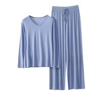 Lounge Sets for Womens Pajama Set Long Sleeve T-Shirts V Neck Summer Tops Elastic Waist Wide Leg Pants Matching Loungewear 2 Piece Outfits Homewear Vacation Beach Travel Outfit