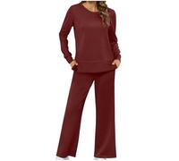 Lounge Wear Sets for Women UK 2 Pieces Co Ord Sets Tracksuit Full Set Long Sleeve Solid Color Tops Straight High Waist Trousers Pants Activewear Casual Leisure Wear Sets