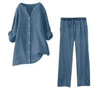 Lounge Wear Sets for Women UK Cotton Linen 2 Piece Outfits Oversized Long Sleeve Shirts and Trousers Ladies Co Ord Sets Loose Casual Trousers Suits Plus Size Womens Tracksuits Full Set Plus Size