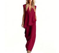 Lounge Wear Sets for Women UK Cotton Linen 2 Pieces Tracksuit Full Set Solid Elegant Dressy Sleeveless V Neck Tank Tops Wide Leg Trousers Pocket Lightweight Travel Beach Outfit Going Out Activewear