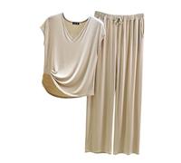 Lounge Wear Sets For Women Uk Plus Size - Short Sleeve Pyjamas For Women Uk - Pyjamas Set Cotton Loungewear Trousers Loungewear Sets Petite Nightwear Size 18 Leisure Suit Beige