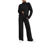 Lounge Wear Sets for Women UK Ribbed Knit Tracksuit Solid Color Two Piece Outfit High Neck Long Sleeve Jumpers and Wide Leg Trousers Trendy Leisure Suits Pyjamas Set Nightwear