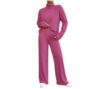 Lounge Wear Sets for Women UK Ribbed Knit Tracksuit Solid Color Two Piece Outfit High Neck Long Sleeve Jumpers and Wide Leg Trousers Trendy Leisure Suits Pyjamas Set Nightwear
