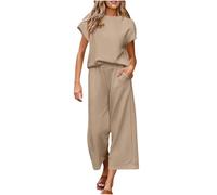 Lounge Wear Sets for Women UK Summer Ladies Knit Tracksuit Full Set Oversized Cap Sleeve Loose Top and Trousers with Pockets Pj Set 2 Piece Co Ord Sets Airport Travel Outfits Casual Sleepwear Khaki