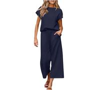 Lounge Wear Sets for Women UK Summer Ladies Knit Tracksuit Full Set Oversized Cap Sleeve Loose Top and Trousers with Pockets Pj Set 2 Piece Co Ord Sets Airport Travel Outfits Casual Sleepwear Navy