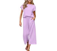 Lounge Wear Sets for Women UK Summer Ladies Knit Tracksuit Full Set Oversized Cap Sleeve Loose Top and Trousers with Pockets Pj Set 2 Piece Co Ord Sets Airport Travel Outfits Casual Sleepwear Purple