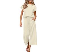 Lounge Wear Sets for Women UK Summer Ladies Knit Tracksuit Full Set Oversized Cap Sleeve Loose Top and Trousers with Pockets Pj Set 2 Piece Co Ord Sets Airport Travel Outfits Casual Sleepwear Beige