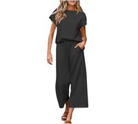 Lounge Wear Sets for Women UK Summer Ladies Knit Tracksuit Full Set Oversized Cap Sleeve Loose Top and Trousers with Pockets Pj Set 2 Piece Co Ord Sets Airport Travel Outfits Casual Sleepwear Black