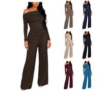 Lounge Wear Sets for Women UK - Wide Leg Co Ord Off-the-Shoulder Ruched Leisure Suits, Women's 2 Piece Outfit for Daily Casual Lounging & Going Out