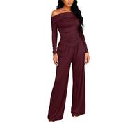Lounge Wear Sets for Women UK - Wide Leg Co Ord Off-the-Shoulder Ruched Leisure Suits, Women's 2 Piece Outfit for Daily Casual Lounging & Going Out