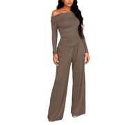 Lounge Wear Sets for Women UK - Wide Leg Co Ord Off-the-Shoulder Ruched Leisure Suits, Women's 2 Piece Outfit for Daily Casual Lounging & Going Out