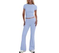 Lounge Wear Sets for Women UK, Women's 2 Piece Lounge Sets High Waist Flare Pants Set Short Sleeve Skims Dupe Cropped Top Casual Outfits Pajamas Homewear Ladies Summer Gym Yoga Set