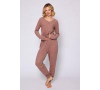 Loungeable Brushed Knit Ribbed Long Sleeved Henley Top And Joggers Set In Brown Brown S