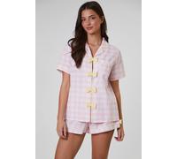 Loungeable Checked Bow Detail Short Sleeve And Short Set In Pink Pink L