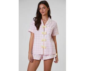 Loungeable Checked Bow Detail Short Sleeve And Short Set In Pink Pink XL