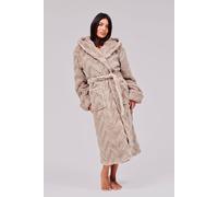 Loungeable Women's Chevron Luxury Plush Fleece Midi Hooded Dressing Gown in Taupe | Size: Large Loungeable Taupe L