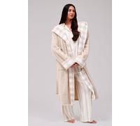 Loungeable Gingham Trim Luxury Fleece Midi Hooded Dressing Gown In Taupe Taupe