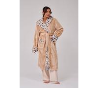 Loungeable Leopard Faux Fur Trim Luxury Ridge Fleece Midi Hooded Dressing Gown In Brown Brown