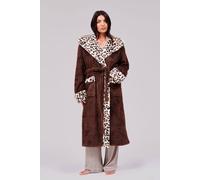 Loungeable Leopard Faux Fur Trim Midi Dressing Gown In Brown Brown
