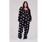 Loungeable Polka Dot Cosy Borg Fleece Hooded All In One In Black Black
