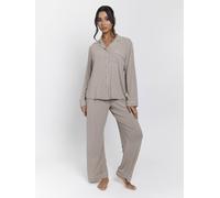Loungeable Rib Long Sleeve Traditional Shirt And Long Pant In Beige Beige