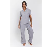 Loungeable Rib Short Sleeve Traditional Shirt And Long Pant In Silver Silver XS