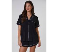 Loungeable Rib Short Sleeve Traditional Shirt And Shorts In Black Black M