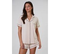 Loungeable Rib Short Sleeve Traditional Shirt And Shorts In Cream Cream XS