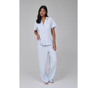 Loungeable Women's Super Soft Jersey Rib Traditional Short Sleeve Long Pant Set in Blue | Size: Medium Loungeable Blue M