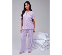 Loungeable Super Soft Jersey Rib Traditional Short Sleeve Long Pant Set In Lilac Lilac XS