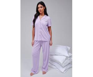 Loungeable Super Soft Jersey Rib Traditional Short Sleeve Long Pant Set In Lilac Lilac XS