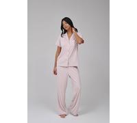 Loungeable Super Soft Jersey Rib Traditional Short Sleeve Long Pant Set In Pink Pink S