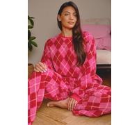 Loungeable Women's Argyle Check Cosy Borg Fleece Jumper & Wide Leg Lounge Set in Pink | Size: Small Loungeable Pink S