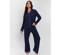 Loungeable Women's Rib Long Sleeve Traditional Shirt & Long Pant in Navy | Size: XL Loungeable Navy XL