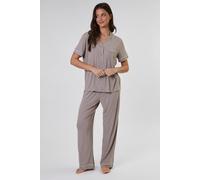 Loungeable Women's Rib Short Sleeve Traditional Shirt & Long Pant in Beige | Size: Small Loungeable Beige S