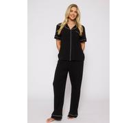 Loungeable Women's Rib Short Sleeve Traditional Shirt & Long Pant in Black | Size: XS Loungeable Black XS