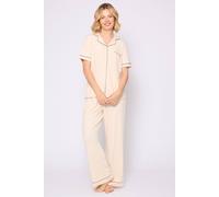 Loungeable Women's Rib Short Sleeve Traditional Shirt & Long Pant in Cream | Size: Medium Loungeable Cream M