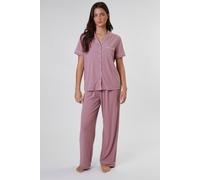 Loungeable Women's Rib Short Sleeve Traditional Shirt & Long Pant in Pink | Size: Small Loungeable Pink S