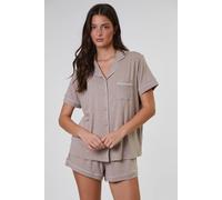 Loungeable Women's Rib Short Sleeve Traditional Shirt & Shorts in Beige | Size: XL Loungeable Beige XL
