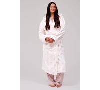 Loungeable Women's Stripe Bow Bubble Cut Fleece Hooded Midi Robe in Pink | Size: Large Loungeable Pink L