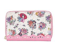 Loungefly Disney Princess Floral Tattoo Zip Around Wallet, Vegan Suede Pink Wallets with Princesses, 6 x 4 Inches