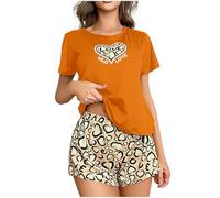 Lounges Set for Women UK Clearance 2 Piece Short Pyjamas Sets Leopard Print Short Sleeve Tee Shirts and Shorts Loose Comfty Sleepwear Summer Nightwear Oversized Loungewear Deals of the Day Orange