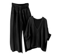 Loungewear Sets for Women Baggy Summer Two Piece Outfits Long Sleeve V Neck Blouses and Wide Leg Trousers Ladies Oversized Tracksuit Sets Cotton Linen Suits Pyjamas Set 2 Piece Co Ords