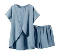 Loungewear Sets for Women Summer Two Piece Outfits Solid Short Sleeve Round Neck Tops and Shorts Yoga Lounge Sets Nightwear Leisure Suits Ladies Linen Pyjamas Set 2 Piece Holiday Outfits Blue