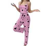 Loungewear Sets for Women, Womens Short Pyjamas Set - 2 Pieces Heart Print Pajama Set, Sleeveless Cami Top + High Waist Pants, Comfortable Trousers PJs Sets, Soft Loungewear Cute Sleepwear Set