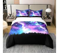 Loussied Northern Lights Bedding Set Galaxy Wolf Duvet Cover 135X200Cm 100% Cotton Children And Youth Starry Sky Aurora Bedding Set Howling Wolf Wildlife Bedding Set 2 Pieces