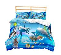 Loussiesd 3D Dolphin Print Duvet Cover Set Double Size Sea Animals Bedding Set Blue Ocean Underwater World Decorative Soft Microfiber Comforter Cover with 2 Pillow Shams, Zipper, Cute Vivid 3 Pieces
