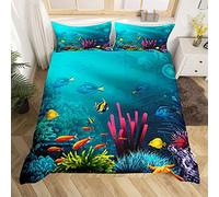Loussiesd 3D Fish Print Duvet Cover Set Single Ocean Sea Animals Bedding Set Blue Underwater World Decorative Microfiber Comforter Cover with 2 Pillow Shams, Zipper, 3 Pieces
