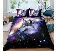 Loussiesd 3D Purple Galaxy Wolf Bedding Sets Double Kids Galaxy and Wolf Duvet Cover Purple Space Wolf Decorative Soft Microfiber Teen Comforter Cover Galaxy Dream Catcher Quilt Cover with Zipper